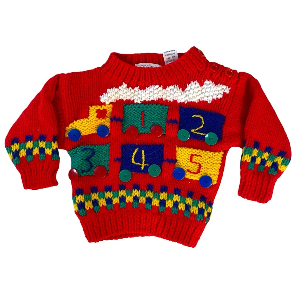 VINTAGE Sweater Train Knjt Baby Red Blue Green Yellow Long Sleeve Top Choo Choo